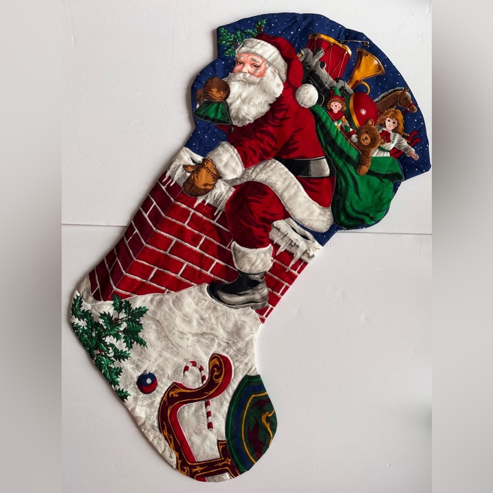 Vtg Jumbo Down Chimney Fabric Christmas Stocking Large Cranston Complete Quilted - Picture 4 of 6